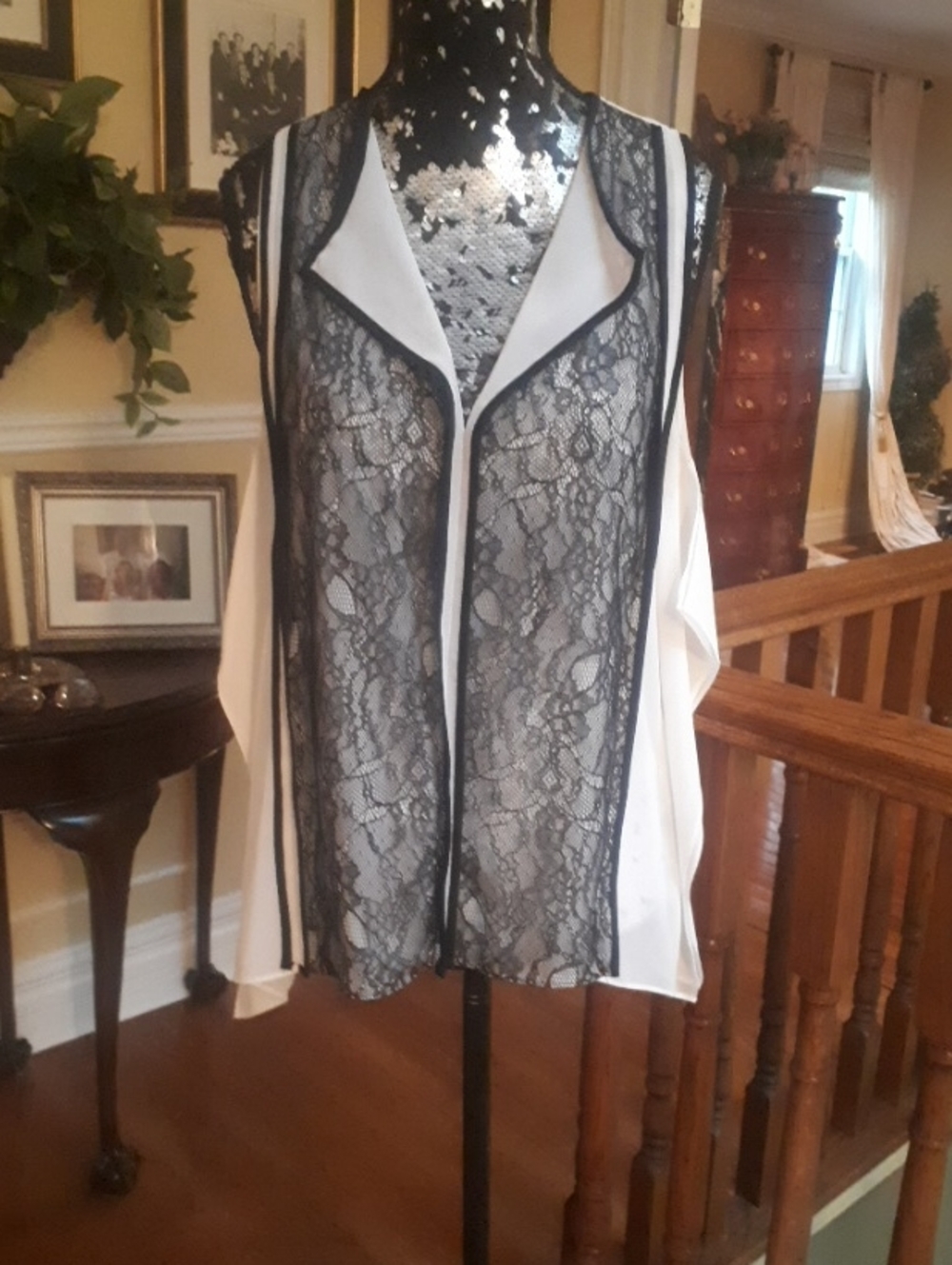 Vintage Kenneth Cole White and Black Lace Sheer Blouse